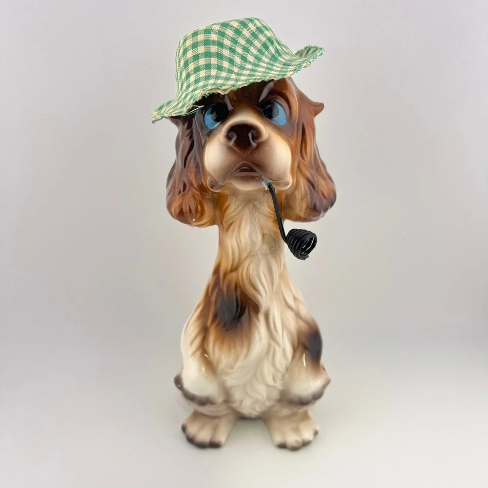 Vintage Big Eye Dog Figurine‎ With Cloth Hat Pipe Kitsch Decor Puppy 7.50